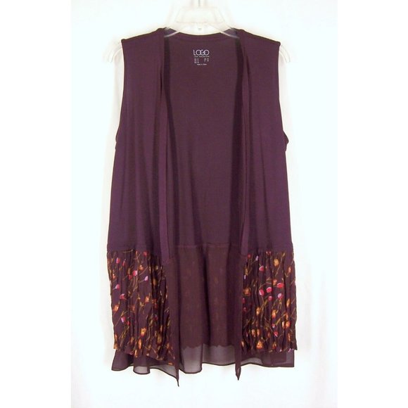 Logo by Lori Goldstein Long Cardigan S Burgundy Sleeveless Floral Chiffon Trim - Picture 5 of 12